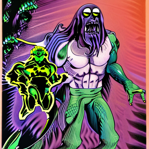 Humanoid cthulu with elements of swamp thing, a far away future, dark cosmic background, neal adams comics, ultra high resolution
