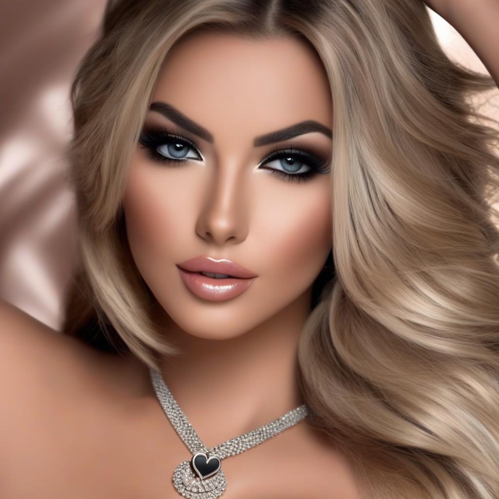 A close-up photo of a young woman with long, blond hair. She has a serious expression on her face and is looking straight into the camera. Her hair is styled in loose waves and falls over her shoulders. She is wearing a silver necklace with a heart-shaped pendant. The background is blurred. The lighting is soft and natural, highlighting her features.