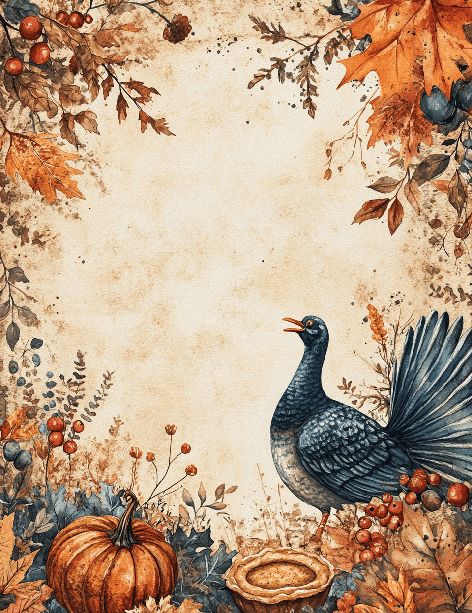 Whimsical thanksgiving stationery set featuring detailed borders and frames on blank pages with an old paper background. This watercolor illustration is extremely detailed and magical, showcasing unique borders perfect for a journal page. The design includes separate elements like turkeys, pumpkins, autumn leaves, cornucopias, pies, cranberries, and pilgrims motif. Pastel colors in a vintage style enhance the charm, with high-definition 8k quality, offering a visually captivating and mystical experience. --ar 17:22 --v 6. 1 --style raw --s 250