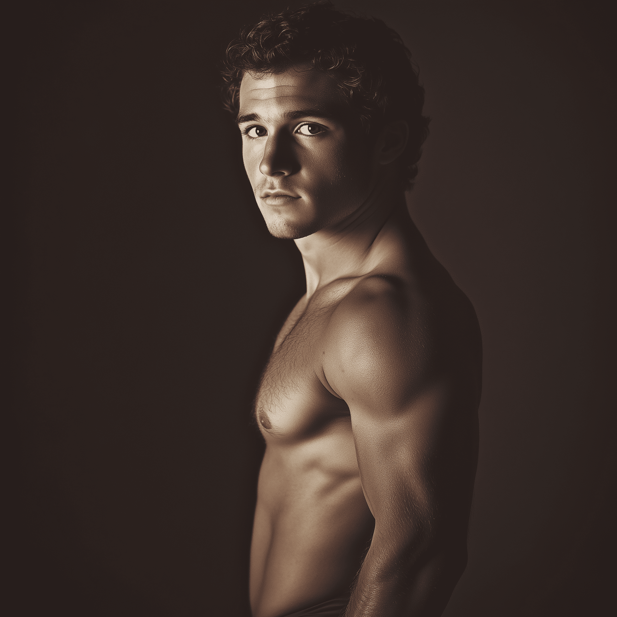 Full shot, full-length portrait, wide field of view, centered, showing entire body, award-winning cinematography, award-winning photography of an athletic, handsome caucasian football player, he has muscular arms, abs, fit, a strong jawline, short brown hair, and dark eyes. Standing, hairy chest, asymmetrical eyes, posing for the camera, showing off his legs his hands rest at attention behind him as he looks to one side, having just met someone who has caught his eye. It is nighttime --chaos 25 --v 6. 1