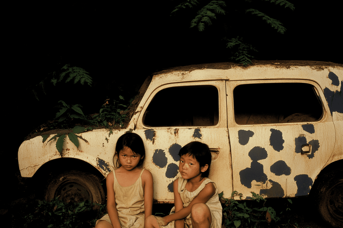 Two malaysian kids say hi to the camera in front of a destroyed and covered by plants car, travel photography, award winning moments --ar 3:2 --sref 672013221::3 --sref 3428789580::2 --sref 2948805224::2 --sw 200 --v 6. 1