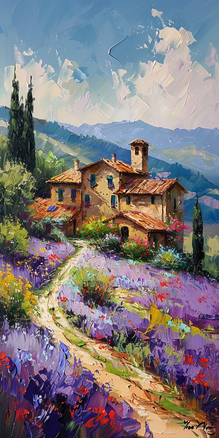 Impressionist painting on canvas of tuscany, beautiful landscape with tuscan farmhouse, in the style of impressionist masters, warm colors, delicate brushstrokes --ar 1:2 --stylize 750