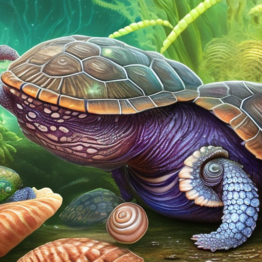A captivating close-up of a creature blending the features of a turtle and a snail. It has a rugged turtle shell adorned with intricate designs, and a graceful snail shell spiraling on its back. Surrounded by glowing plants and bioluminescent creatures like a betta fish, the creature is set against a misty, verdant backdrop. The image is detailed and symmetrical, rendered in octane with hyper-realistic 8k resolution, resulting in a cinematic and stunning visual of this extraordinary hybrid