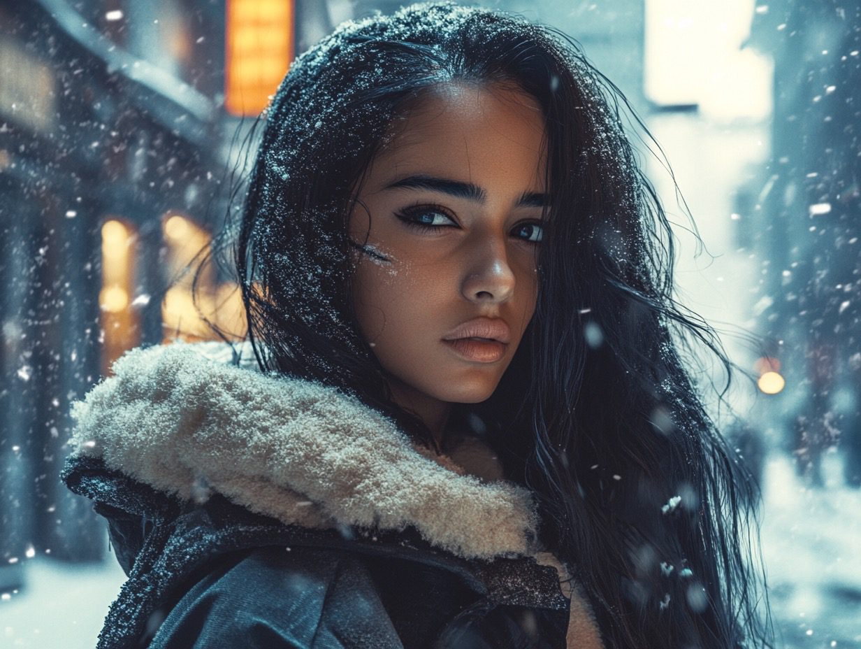 Model with long hair, hyper real , cyberpunk style, the shot is set in a snowy, post-apocalyptic street scene, with cool-toned colors palette, medium shot