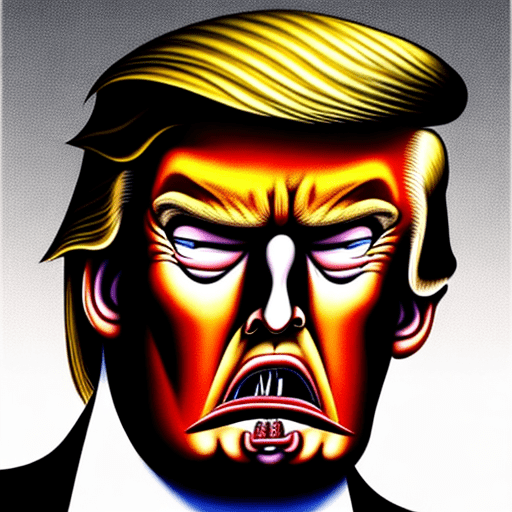 Image of donald trump with a vicious expression with his face with his lips in the shape of a narrow vertical oval stretched over the surface of a skull in the style of salvador dali's "the face of war"