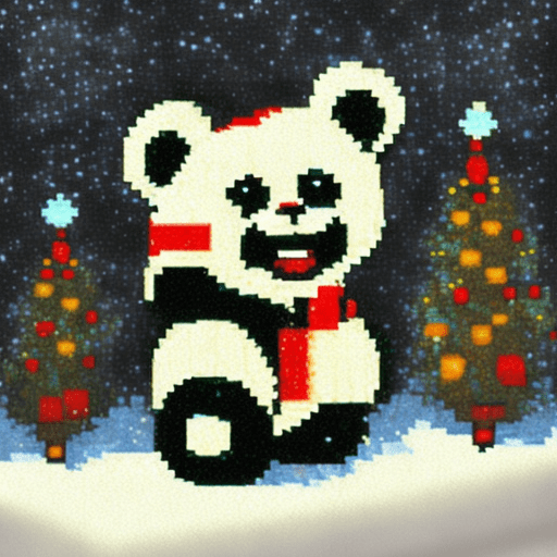 Pixel art un oso panda vestido de santa claus, repartiendo regalos en un bosque nevado.