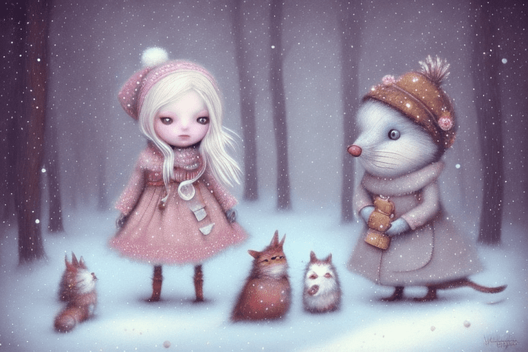 On the left side of the image a holly hobbie girl dresssed in fur, facing the camera, wintertime, in the style of gabriel pacheco