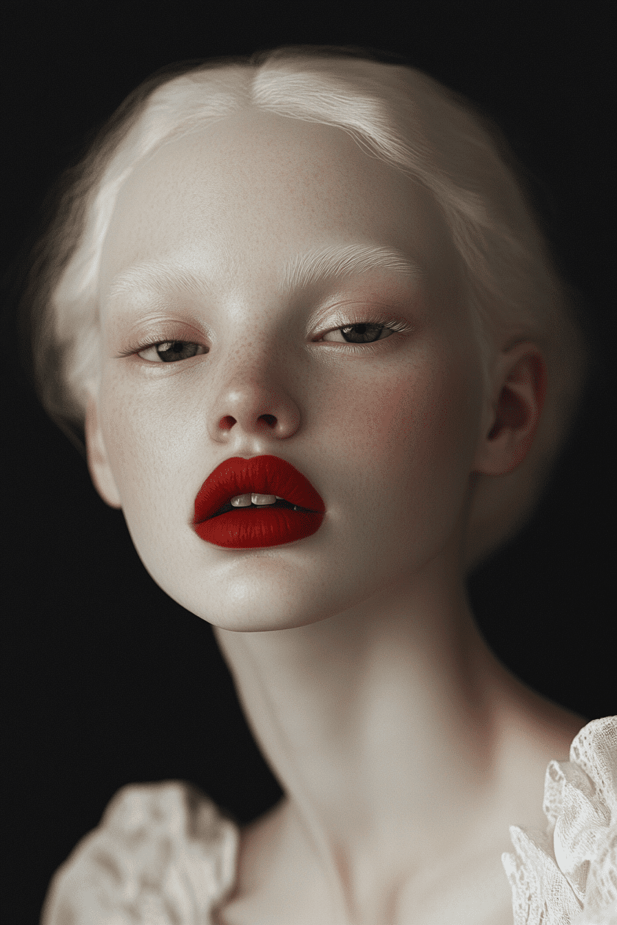 A foreground of an albino girl with red lips looking to the camera is posing for a casting in a photo studio. Photorealistic scene in the style of vogue. --ar 85:128