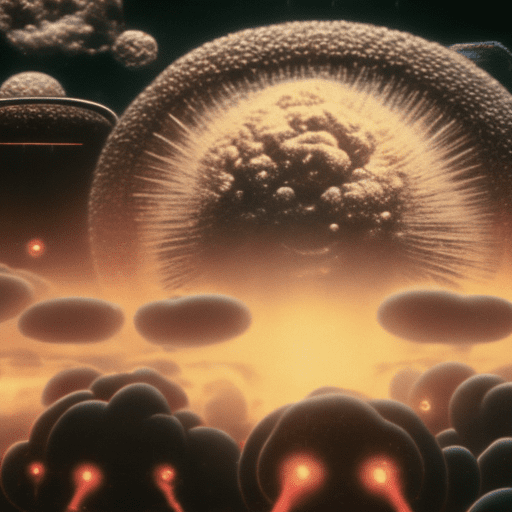 A 35mm color film still from a 1960 japanese tokusatsu science fiction television series, about a surreal giant being surrounded by cellular life floating in a heavy atmosphere viewed through an electron microscope , 8k uhd, extreme detail, 16:9, photorealistic, ultrasharp detail, hd,