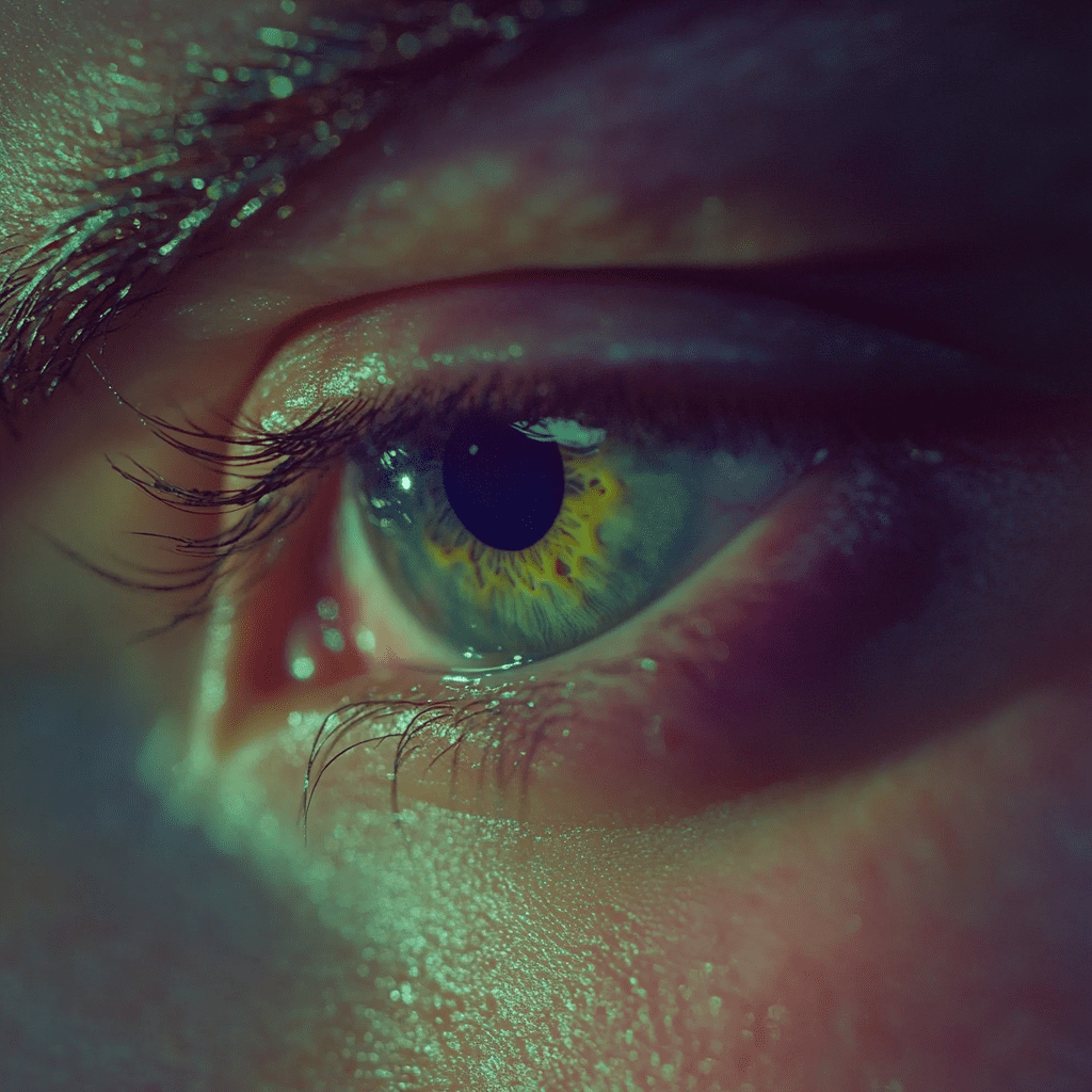 Macro photography of a super detailed green eye, cinematic film still, on the pupil you can see a a computer blue screen reflection