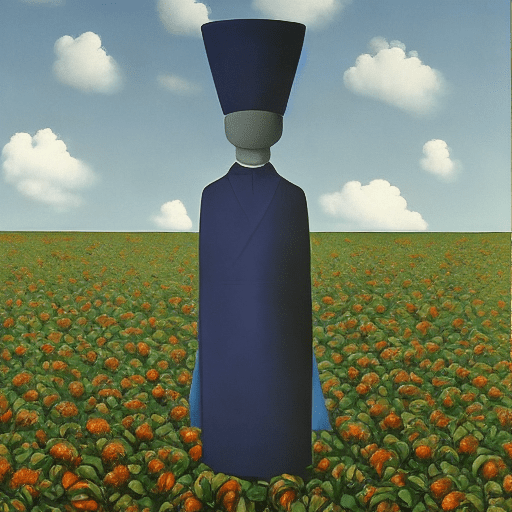 A surreal painting inspired by rené magritte. The composition features a reversed still life: the centerpiece is a sky-shaped vase and flowers. The "vase" and "flowers" are formed entirely of blue sky with white, fluffy clouds, set against a rich, dark interior background. The surrounding area includes realistic textures of a wooden table and subtle lighting, adding contrast between the surreal centerpiece and the grounded environment. The overall tone is mysterious and thought-provoking, blending realism with dreamlike elements in magritte’s signature style.