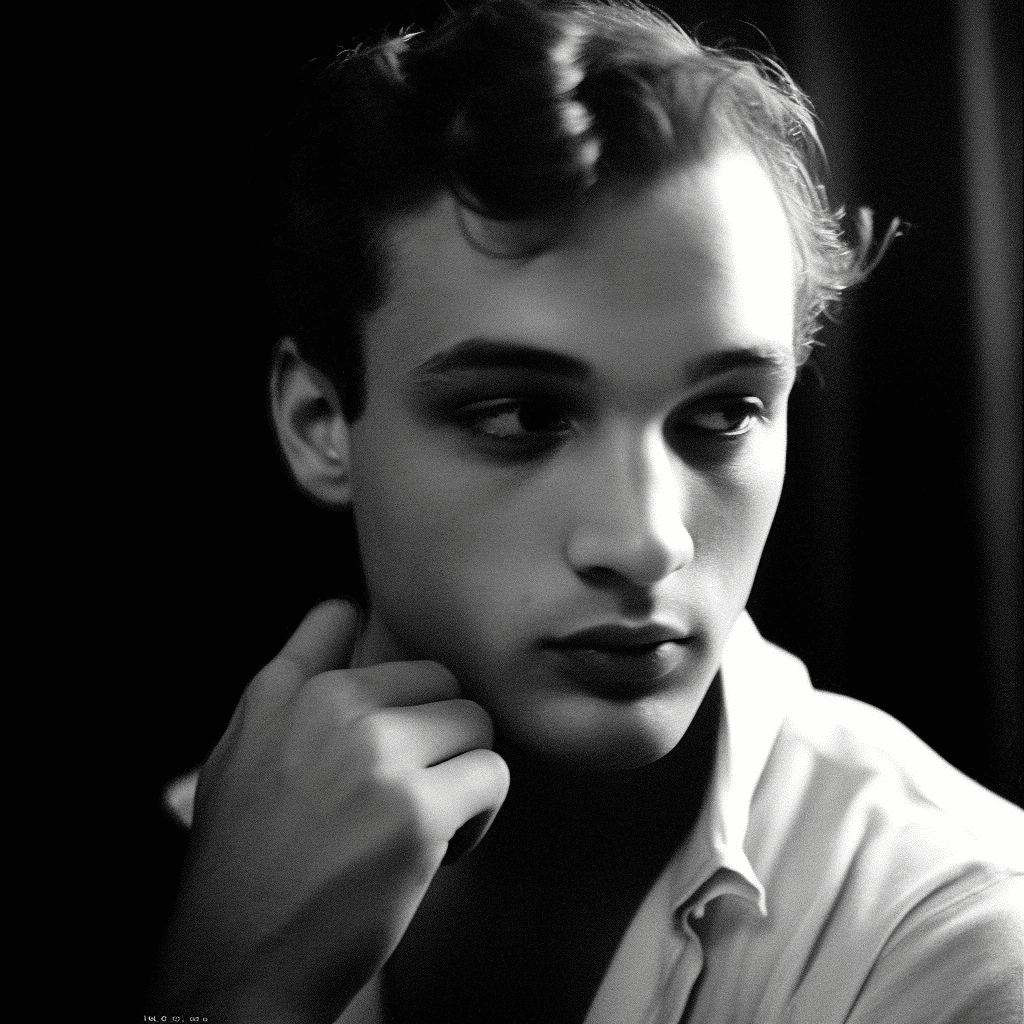 A young man with dark eyes, a black and white photograph, soft lighting, his hand on his chin, a three-quarter profile shot, short hair in the style of film stills from the ddr (east germany) , a film noir atmosphere, in the style of leonardo da vinci, in the style of jean cocteau, in the style of alberto vargas.