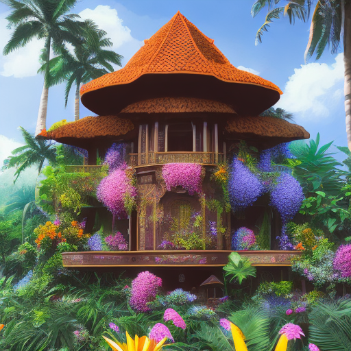 A illustration tropical scene featuring a dark brown wooden malay traditional house with intricate carvings and large light brown shutters. The house is surrounded by lush greenery and colorful bougainvillea flowering plants, including bright pink and orange blooms. A large, bougainvillea flowering tree adds to the vivid palette against a backdrop of blue skies and fluffy white clouds. The image has "by lily noordin" written in a small golden script font at the bottom