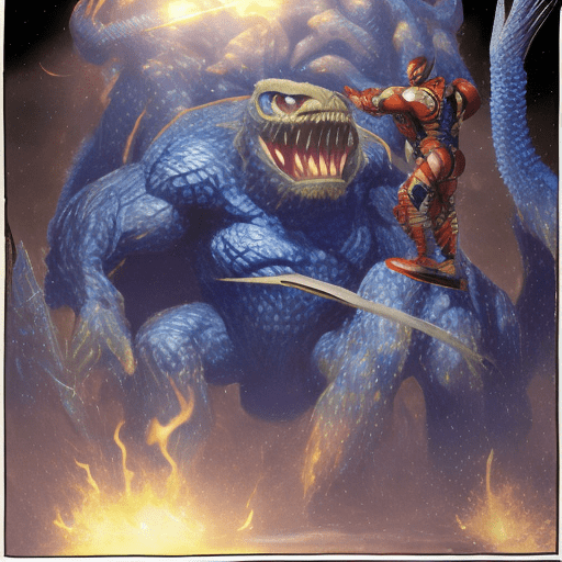 Sci-fi superhero ultramarine battling a giant monster