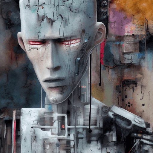 Mixed media artwork + emotional cyborg guy + outcast + + in the style of surrealist expressionism, muted color scheme, dreamlike atmosphere, abstract and distorted forms --ar 2:3 --s 999 --v 6