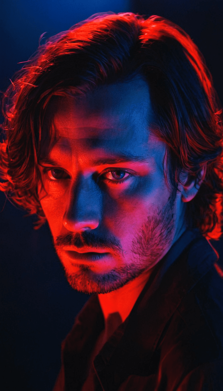 Fashion editorial, a portrait of young man is studio red and blue lights in style alain laboile, highres, realistic photo, professional photography, cinematic angle, dynamic light back shining,