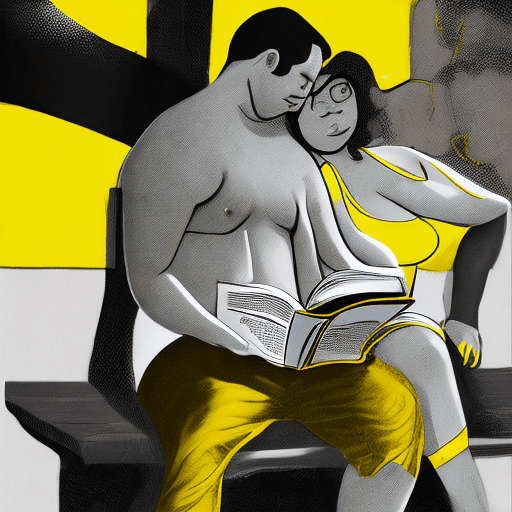 "a skinny looking thin guy in yellow shorts with a fish print flexes his muscles in front of a curvaceous chubby beauty who sits on a bench and reads a magazine, she does not pay attention to the guy in the style of mysterious abstractions, double exposure, emotional gestural marks, grainy noir, uhd image, caravaggism. "