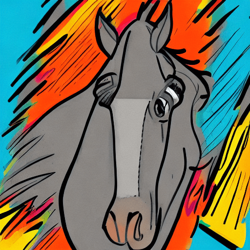 Illustrated drawing of a comedic horse with enflared nostrils and a funny face, in the style of comics, quirky expression, mdjrny-v4 style