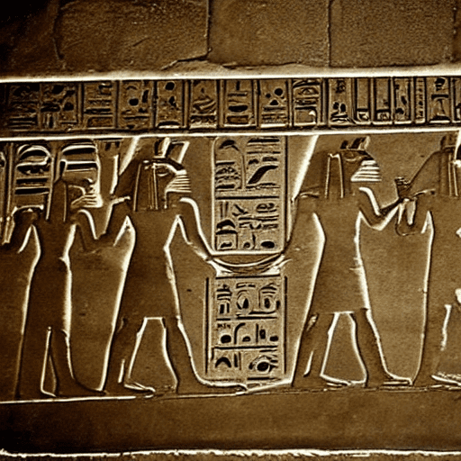 The guards of the egyptian god anubis wait for the arrival of the god at the door of the pyramid on a hot summer day.