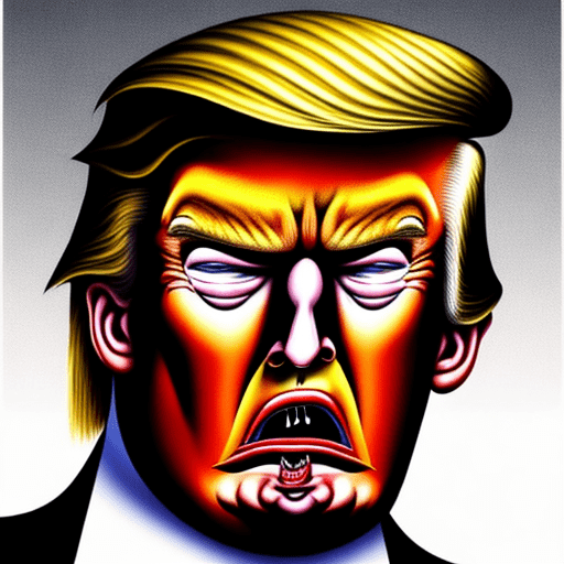 Image of donald trump with a vicious expression on his face with his lips in the shape of a narrow vertical oval and with the skin of his face stretched translucently over the surface of a skull in the style of salvador dali's "the face of war"
