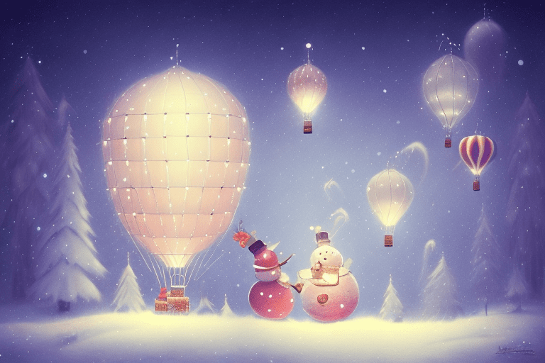 On the left side of the image a hot air balloon with christmaslights, a night in wintertime, in the style of gabriel pacheco