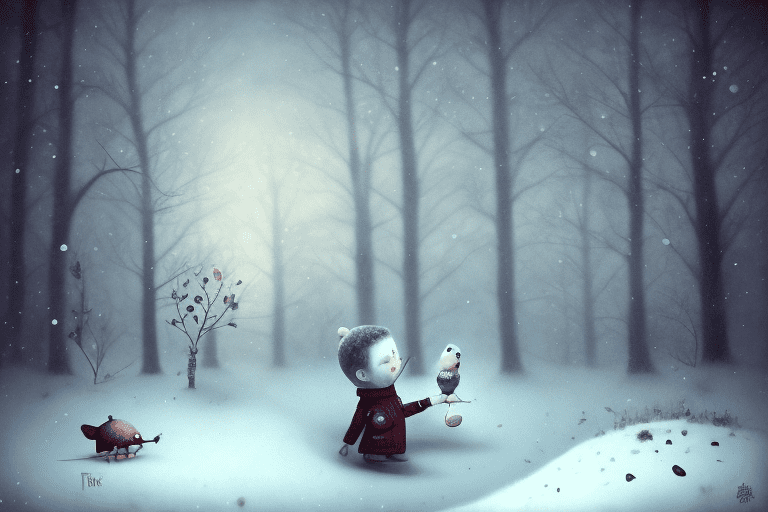 On the left side of the image a holly hobbies boy facing the camera, wintertime in the style of gabriel pacheco