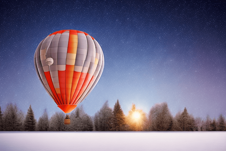 On the left side of the image a hot air balloon, a night with stars in wintertime