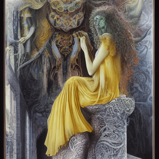Installation art, fullbody wife with yellow cloth, by ernst fuchs, by paul wunderlich, leonor fini, watercolour art with skretches, colourfull, elegant, ornate, hyper-realistic, super detailed, side view, trending on artstation, sharp focus, studio photo, intricate details, highly detailed, 8kintricate detail, photorealistic, realistic light, wide angle, kinkfolk photography, a+d architecture