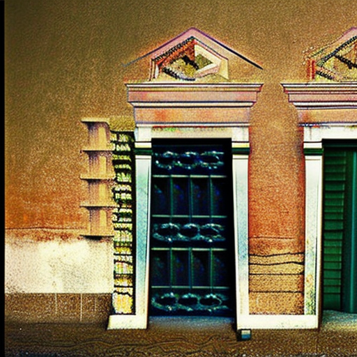 An old house with three old, broken stairs leading to the wooden door. On the right side of the door there are two windows with window crosses from old iron and between these two windows there is a niche with a little statue of the virgin mary. To the left of the door there is a little window with wire mesh and to the left of it there are two more windows with windo-crossings. The grey roof is old with mossy spots on it. The house is built into a slope and it is surrounded by some fruit trees in the background. In the front left side of the house there is a little fenced garden and in front of the garden there are hens picking in the courtyard. The front wall of the house is of a weathered whitish color. The painting is in the style of carl spitzweg.