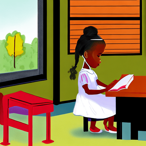Perspect view of a typical color usa elementary-school classroom with desks and chairs and other essential elements, with large windows overlooking a garden, three-quarter view of a girl - years old sitting with black jhair in a high ponytale, casual summmer dress, alone on a desk with book in hand, and one hand under the chin, in a thoughtful pose.