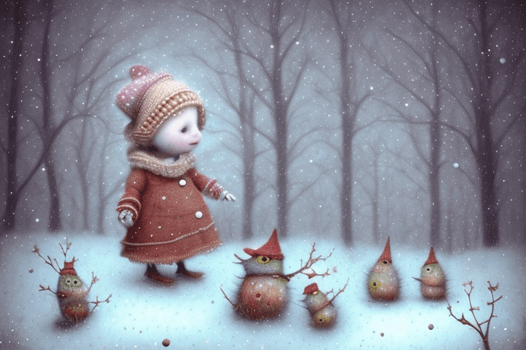 On the left side of the image a holly hobbie boy facing the camera, wintertime in the style of gabriel pacheco