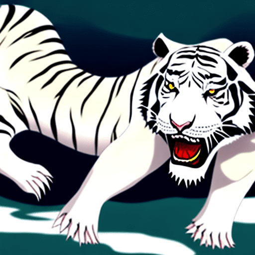 A white tiger clawing a fish in the style of anime , plain background --ar 1:1