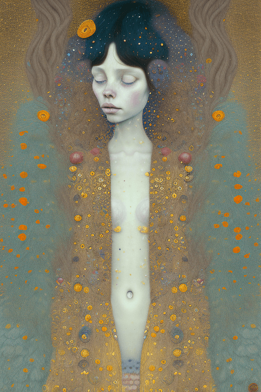 The personification of wintertime in the style of gabriel pacheco and gustav klimt