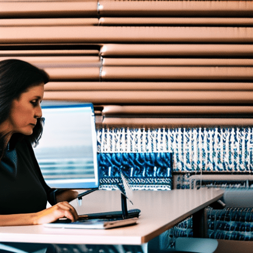 A 40 year old, french hr woman, looking at her laptop, sitting at her desk in an open office space , photo realistic fujifilm gfx 100, natural light, eye level high quality, full body shot