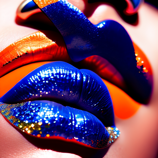 Close up portrait of woman with orange sunglasses and blue lipstick on ger lips, glitter on her face, sun rays, glowy skin, hyper realistic photography --v 6. 0 --ar 59:99