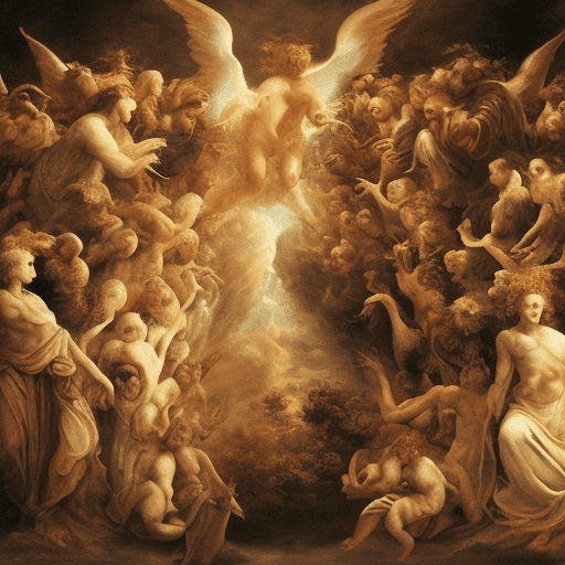 The photo is divided into two halves, on the left a wise man surrounded by angels, on the right a young man surrounded by demons.