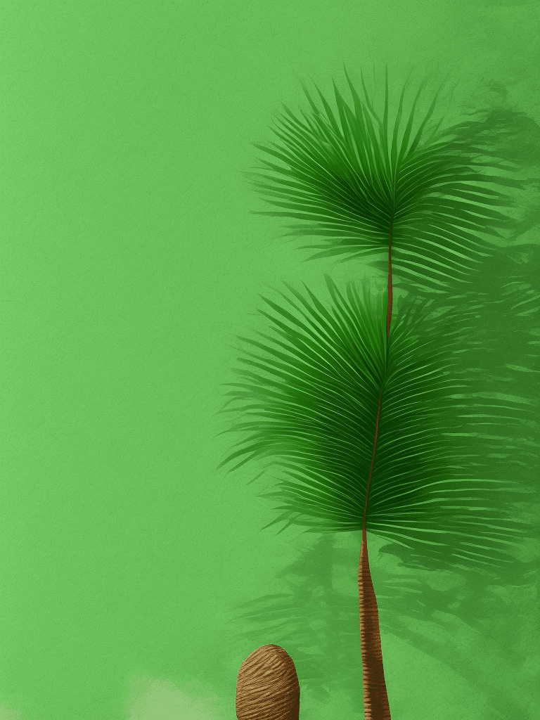 A realistic single palm in front of the artwork on a smooth green lofi background, hd , high resolution