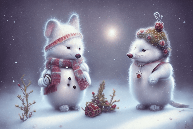 On the left side of the image a holly hobbie icebeer dresssed in fur, facing the camera, wintertime, in the style of gabriel pacheco